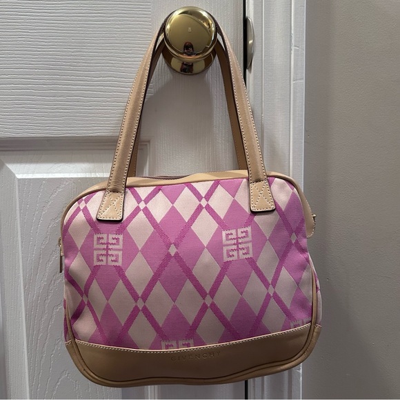 Givenchy Handbags - Givenchy EUC Authentic Pink Beige Diamond Pattern Canvas Leather Trim Handbag